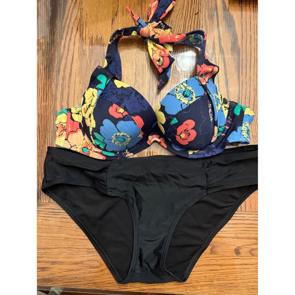 Aerie Bikini Swimsuit Set Womens S/34B Black Floral Push Up Halter Hipster